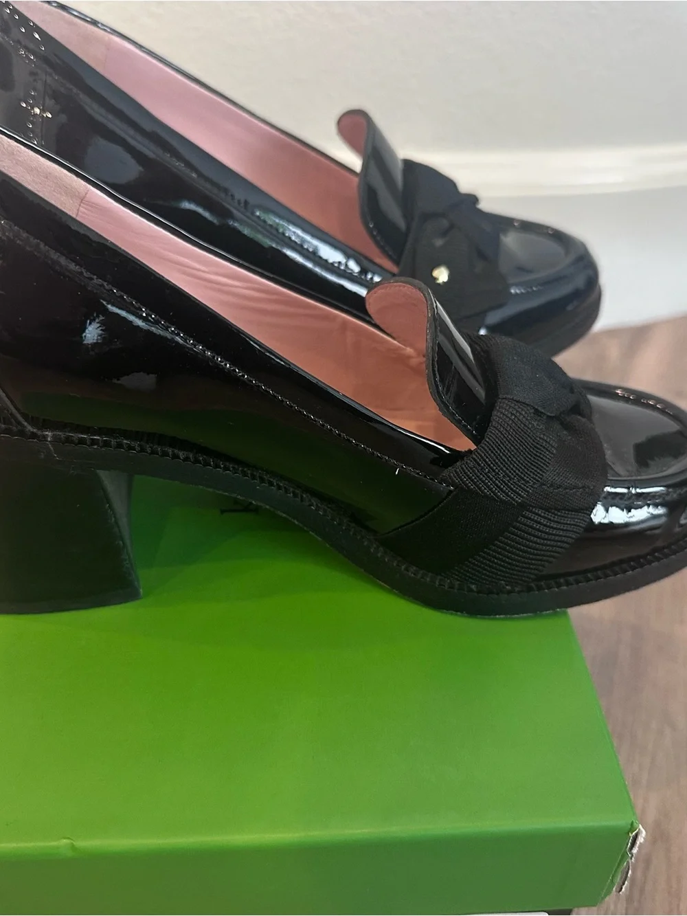 Kate Padr Black Patent Leandra heel Loafers with Fabric Bow